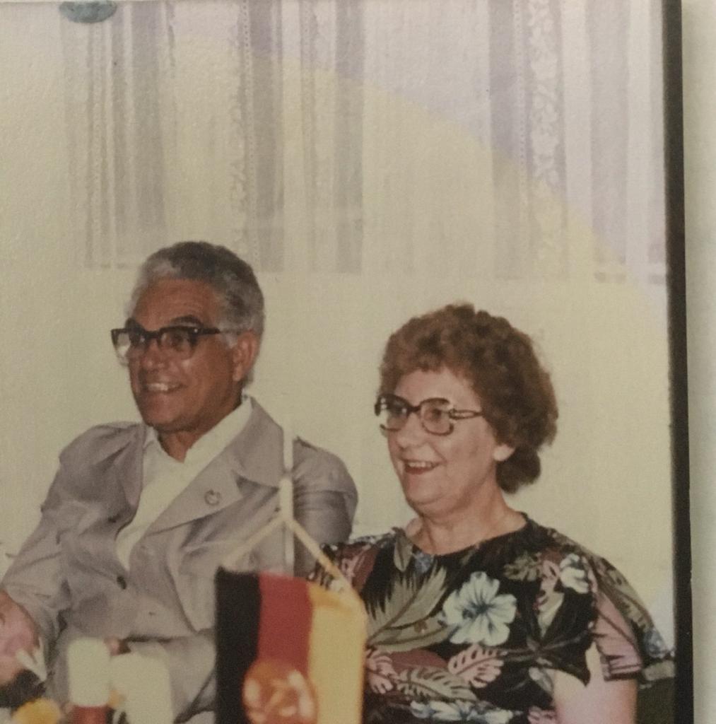 Charlie Hutchison (left) and his wife Patricia in Spain. East German flag in foreground.